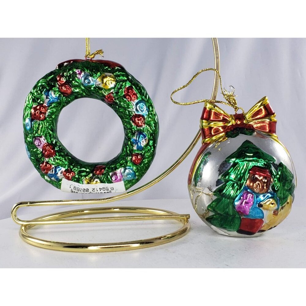 Metal Christmas Ornament Wreath Bear Deer Bulb Lot of 2 Jansound
